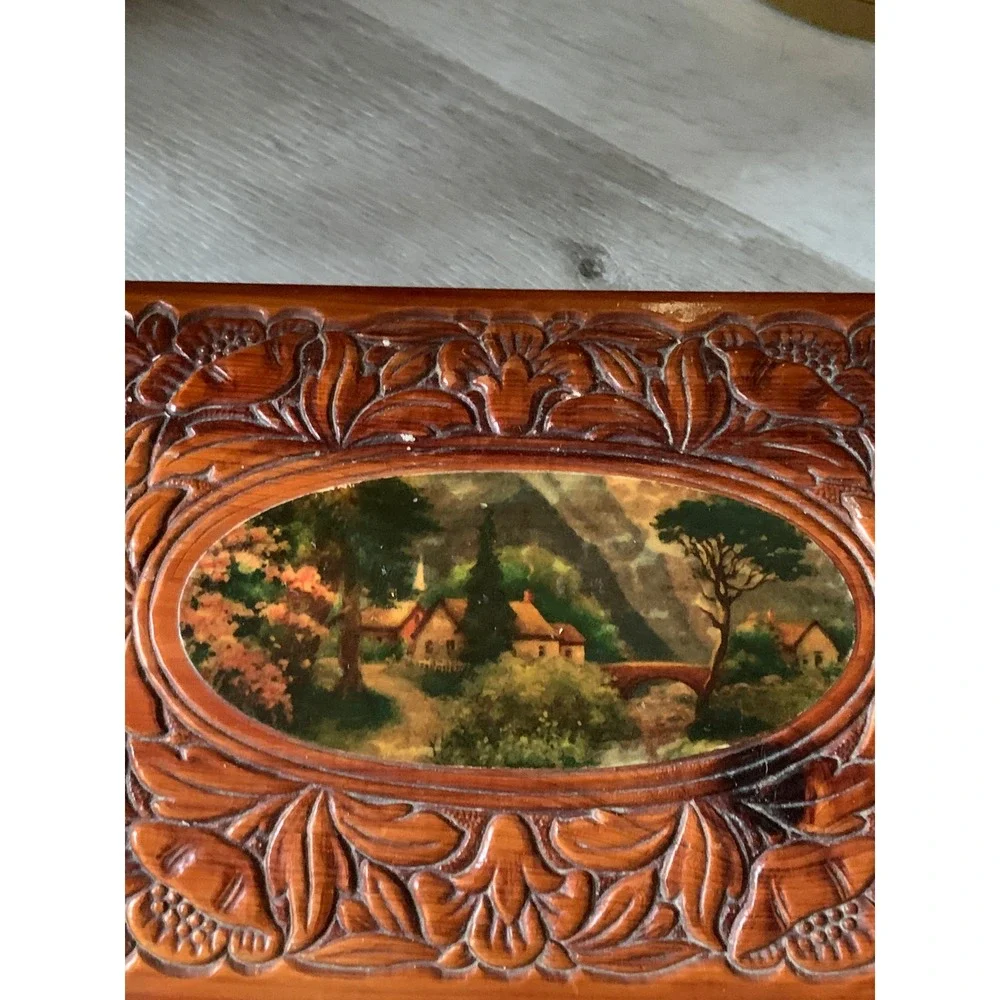 Vintage Hand Carved Wood Jewelry Box Floral‎ Relief Scenic Inset Mirror Footed